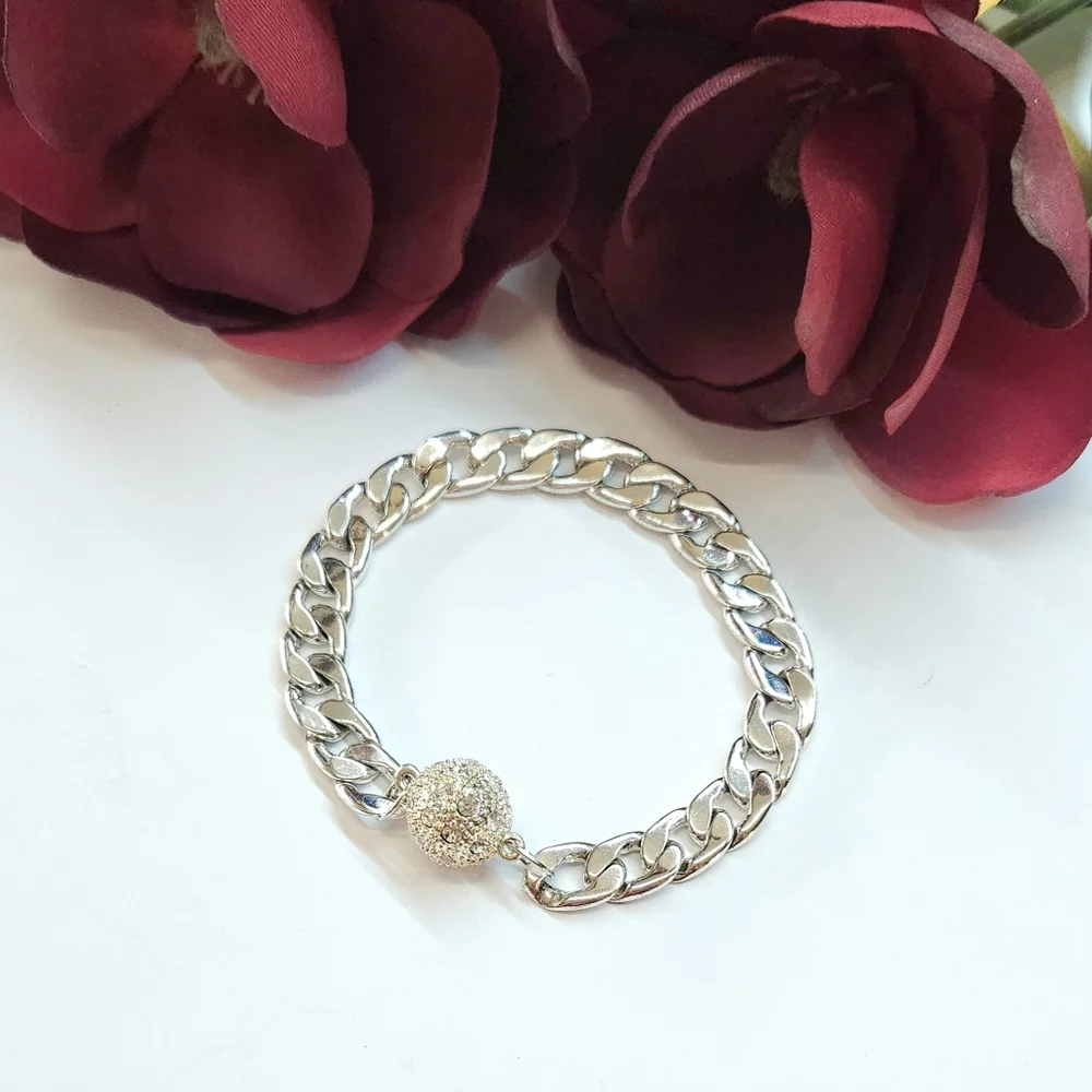 Chunky Silver Curb Chain & Crystal Bead Clasp Bracelet Magnetic Clasp